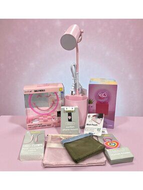 Pink Desk Accessories Set: LED Lamp, Light-Up Tray, Lip Filament Bulb, Fast Char
